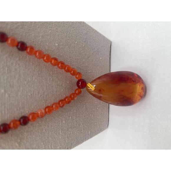 Orange Beaded Necklace with Amber Teardrop Pendant - Picture 2 of 6